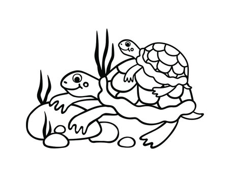 Vector Cartoon Silhouette Outline Black Line art drawing illustration of funny mom turtle on rocks with baby on back.Coloring pages for kids.Plotter cutting.Laser cut.Print.Vinyl wall sticker decal.