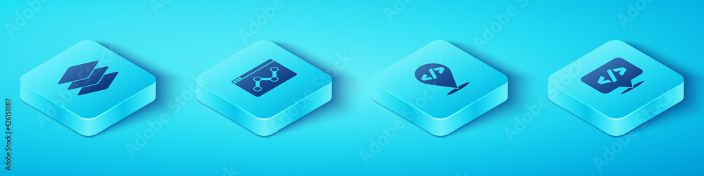 Poster set isometric layers, website statistic, front end development and icon. vector