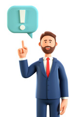 3D illustration of man pointing finger at exclamation mark in speech bubble. Cartoon smiling businessman solving problems, feeling satisfaction and joyful. Searching and finding a solution.