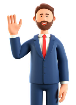 3D illustration of happy greeting gesture man waving hand. Cute cartoon smiling businessman saying hello, isolated on white.