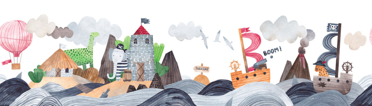 Pirate Island. Storm, naval battle against the backdrop of treasure island. Watercolor horizontal border. Seamless pattern.