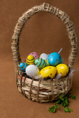 eggs with spring Easter decor. decor wooden hare