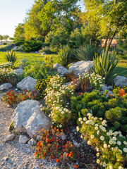 Naklejka premium Urban landscaping. Flower bed with colorful plants and bushes. Sunset light. Sochi, Russia.