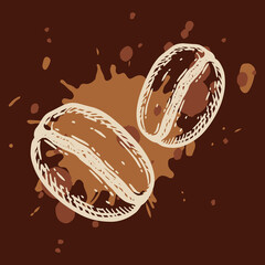 Two roasted coffee beans over splatter drip
