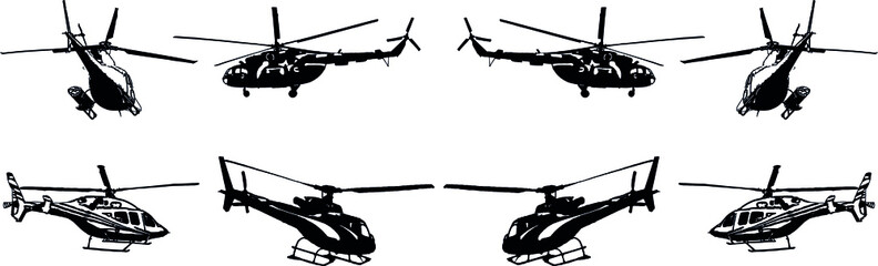Obraz premium A set of vector black-and-white images of various helicopter models. Civilian and military helicopters