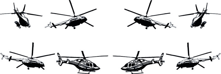 A set of vector black-and-white images of various helicopter models. Civilian and military helicopters © berkut_34