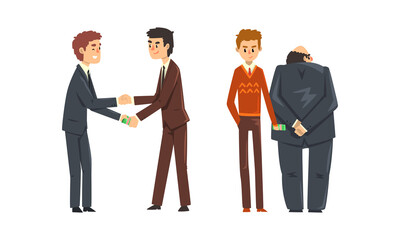 Businessman Giving Money Banknotes and Offering Bribes Set, Prevention of Corruption Concept Cartoon Vector Illustration