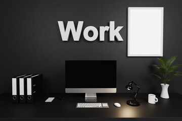 modern clean office workspace with computer screen and dark concrete wall; work from home lettering; 3D Illustration