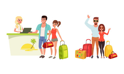 Happy Couples Going on Summer Vacation Set, Young Man and Woman with Travel Bags, Tourist Couple at Hotel Reception Desk Vector Illustration