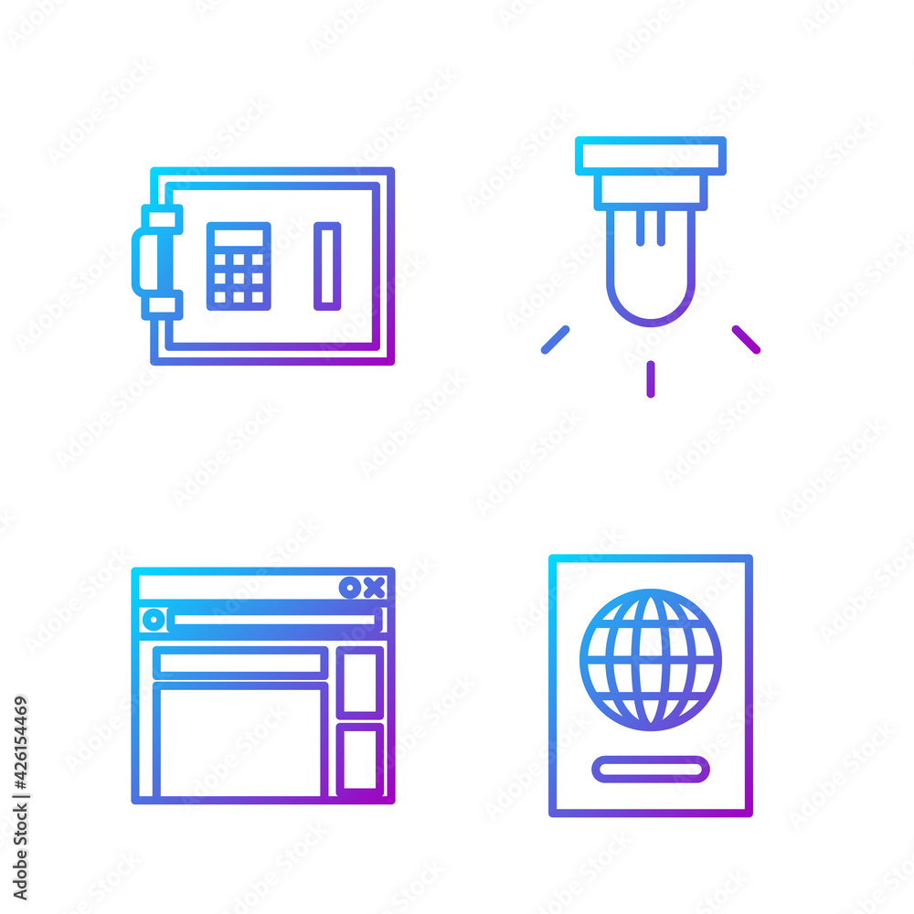 Poster set line passport, website template, safe and motion sensor. gradient color icons. vector