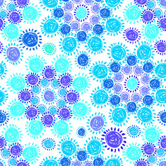 Vector seamless colorful pattern with abstract flower circles in blue tones on white background