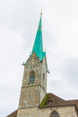 Fototapeta na wymiar Fraumünster Church dome seen from below in Zurich, Switzerland on cloudy day.