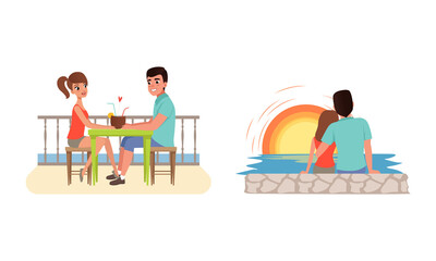 Romantic Couples Travelling on Summer Vacation Set, Young Man and Woman Having Lunch in Seaside Resort and Sitting on Beach Enjoying Sunset Vector Illustration