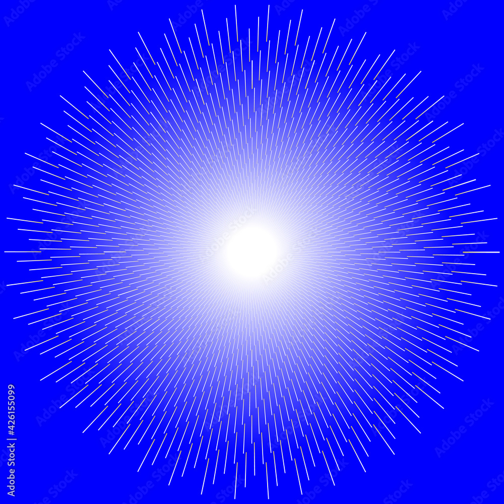Poster abstract geometric circular pattern of thin lines flying from the center on a blue background