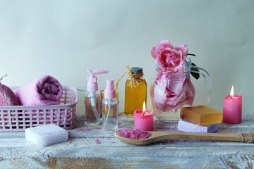 Obraz na płótnie Canvas Fresh roses, water and oil, skin care ingredients, healthy lifestyle, alternative medicine
