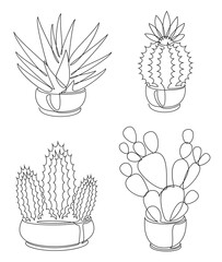 Cactus collection. Indoor potted plant in modern trendy single line style. Solid line, outline for decor, posters, stickers, logo. Vector illustration set.