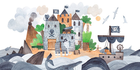 A pirate fortress on a tropical island. Treasure Island. Pirate ship, island and fortress. Watercolor card.