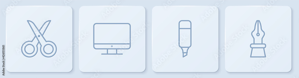 Poster set line scissors, marker pen, computer monitor screen and fountain nib. white square button. vector