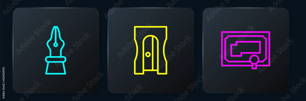Poster set line fountain pen nib, certificate template and pencil sharpener. black square button. vector
