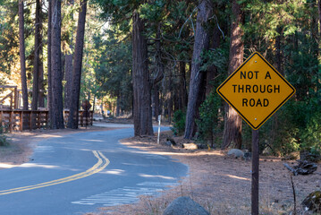 Narrow paved curving road with road sign.