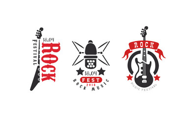 Rock Festival Club Logo Set, Rock Fest Music Retro Badges Vector Illustration