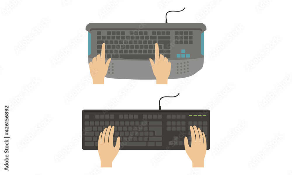 Poster top view of male hands on computer keyboard set vector illustration
