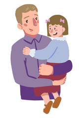 Father and child. Man holds daughter in his arms. Hand drawn vector illustration for Father's day. Colorful cartoon clipart isolated on white. Simple element for design, print, decor, card, sticker.