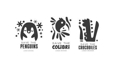 Save Wild Animals Logo Design Set, Protection of Penguins, Colibri, Crocodile Animals Black and White Badges Vector Illustration