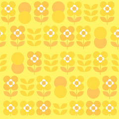Fototapeta na wymiar Simple flower, leaf and circle seamless pattern in in shades of yellow and orange. Warm colours