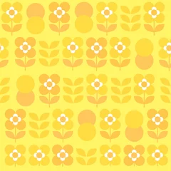 Photo sur Plexiglas Jaune Modèle sans couture de fleurs, feuilles et cercles simples dans les tons de jaune et d& 39 orange. Couleurs chaudes