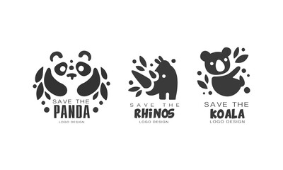 Save Wild Animals Logo Design Set, Protection of Panda, Rhino, Koala Animals Black and White Badges Vector Illustration