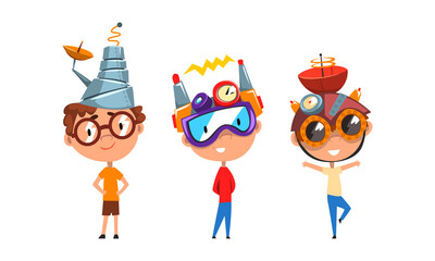 Boys in Steampunk Headgear Set, Scientist Children Working on Science Experiments Vector Illustration