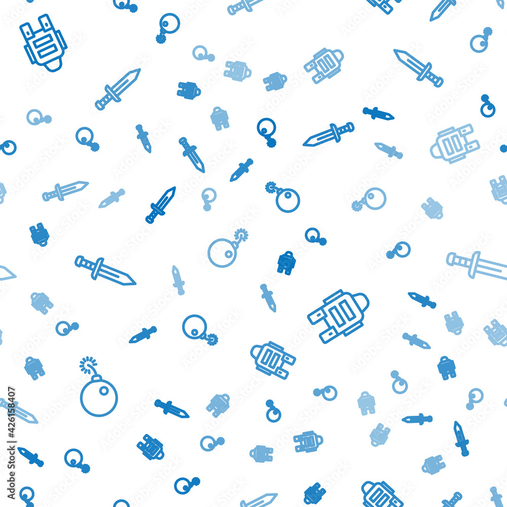 Poster set line bomb ready to explode, bulletproof vest and sword on seamless pattern. vector