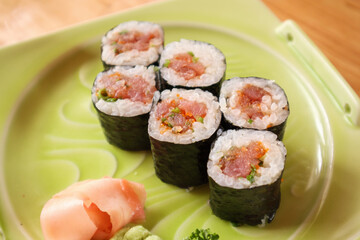 Sushi roll on restaurant table