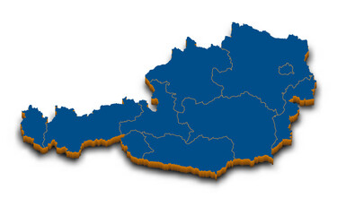 Austria map vector. High detailed administrative 3D map of Austria with dropped shadow. Vector blue isometric silhouette with administrative divisions. All isolated on white background