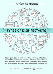 Disinfectants types brochure.Home,public areas transport hygiene template.Flyer,magazine,poster,book cover,booklet.Pandemic preventive measure infographic concept.Layout illustration page with icon