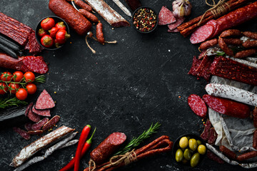 Salami and snacks. Sausage Fouet, sausages, salami, paperoni, on a black stone background. Top...