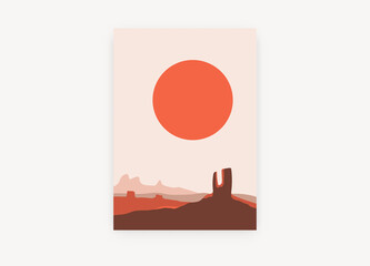 Desert landscape poster. Sun and mountain peakabstract scenery in pastel colors. Natural style vector background