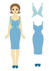 Young girl in a beautiful dress of a cerulian shade with a lace transparent
blouse. Trendy color spring and summer 2021. For the design and construction of fashionable women's clothing paper dolls
