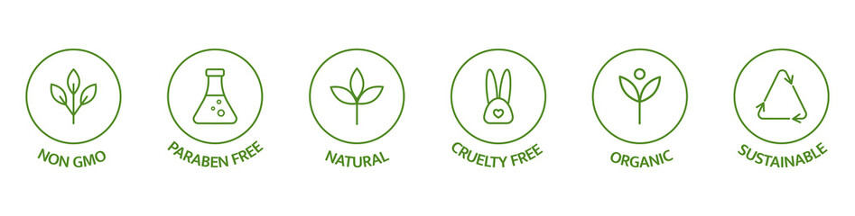 Natural cosmetic icons. Beauty badges. Cruelty free, vegan, bio, paraben free, labels. Skincare logo. GMO free emblems. Organic cosmetic line art stickers. Healthy food. Vector illustration