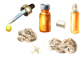 Ambergris, ambergrease, ambre gris or grey amber and essential oil set. Watercolor hand drawn illustration, isolated on white background - obrazy, fototapety, plakaty
