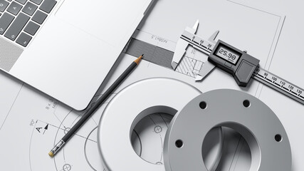 Quality control of the manufactured part of the machine. Engineer desk concept