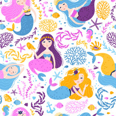 Obraz na płótnie Canvas Mermaid seamless pattern. Vector illustrations of cute fantastic girls characters in a simple hand-drawn cartoon style surrounded by marine life, corals, seashells, algae. Colorful palette.