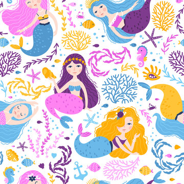 Mermaid seamless pattern. Vector illustrations of cute fantastic girls characters in a simple hand-drawn cartoon style surrounded by marine life, corals, seashells, algae. Colorful palette.