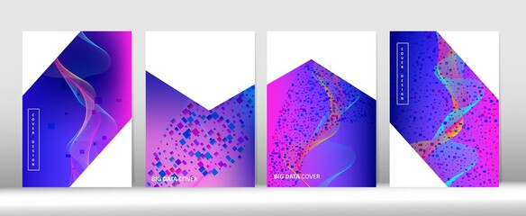 Modern Covers Set. 3D Flow Shapes Music Cover Layout. Big Data Tech Neon Magazine.