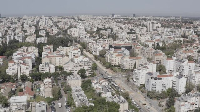 Aerial view of central Kfar Saba skyline, a city in Israel Central district.