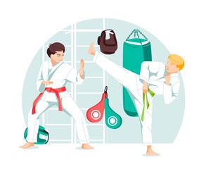 Two characters taekwondo, karate, kung fu, boys in sparring position. Martial arts training. Flat cartoon design vector illustration. 