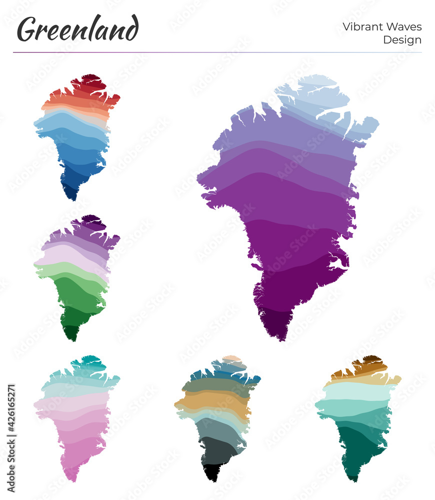 Poster set of vector maps of greenland. vibrant waves design. bright map of the country in geometric smooth