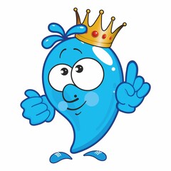 Drop in the crown, king of water. Water Drop Cartoon Mascot Character. Cute natural phenomena in cartoon style.