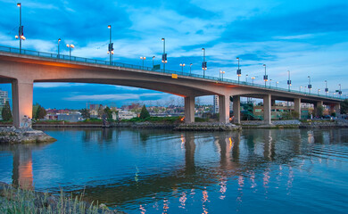 Magic view of Cambie bridge at night, Downtown of Vancouver, Canada.